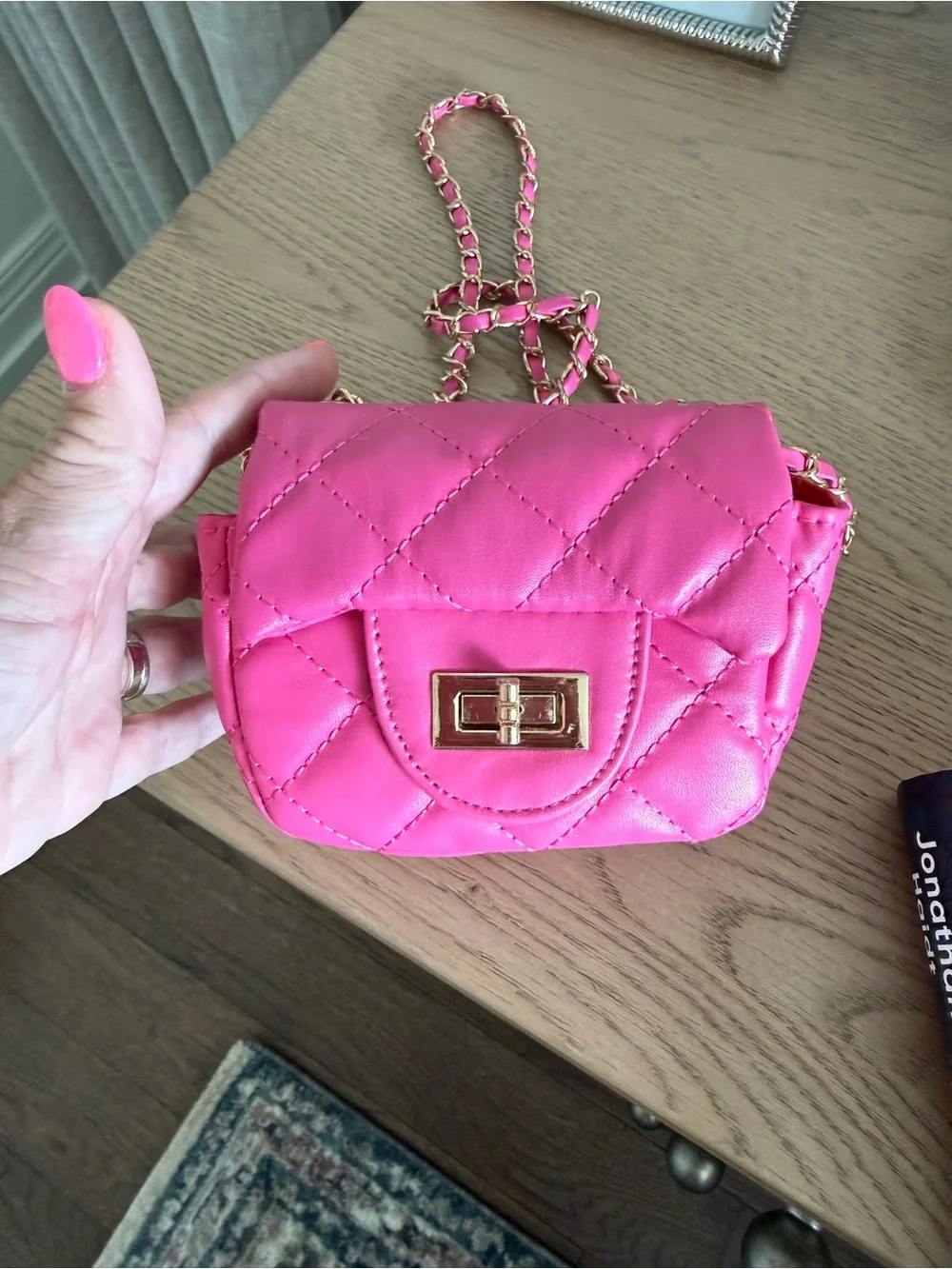 Girls Quilted Pink Mini Crossbody Bag with Gold Chain